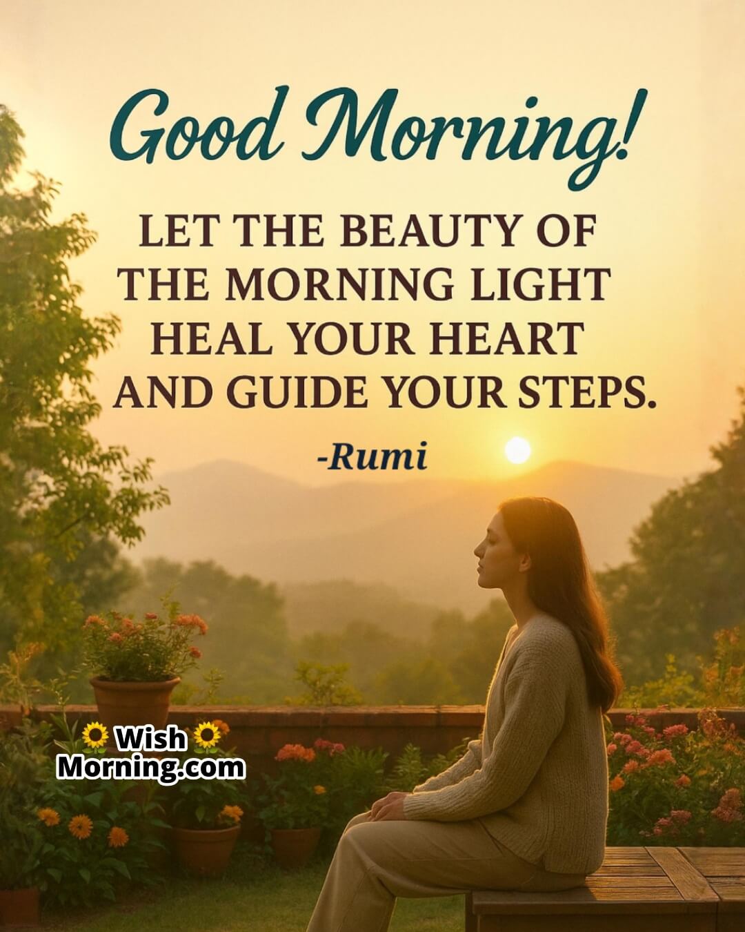 Good Morning Rumi Quote featuring a woman in a sunlit terrace garden, symbolizing morning healing, light, and guidance.