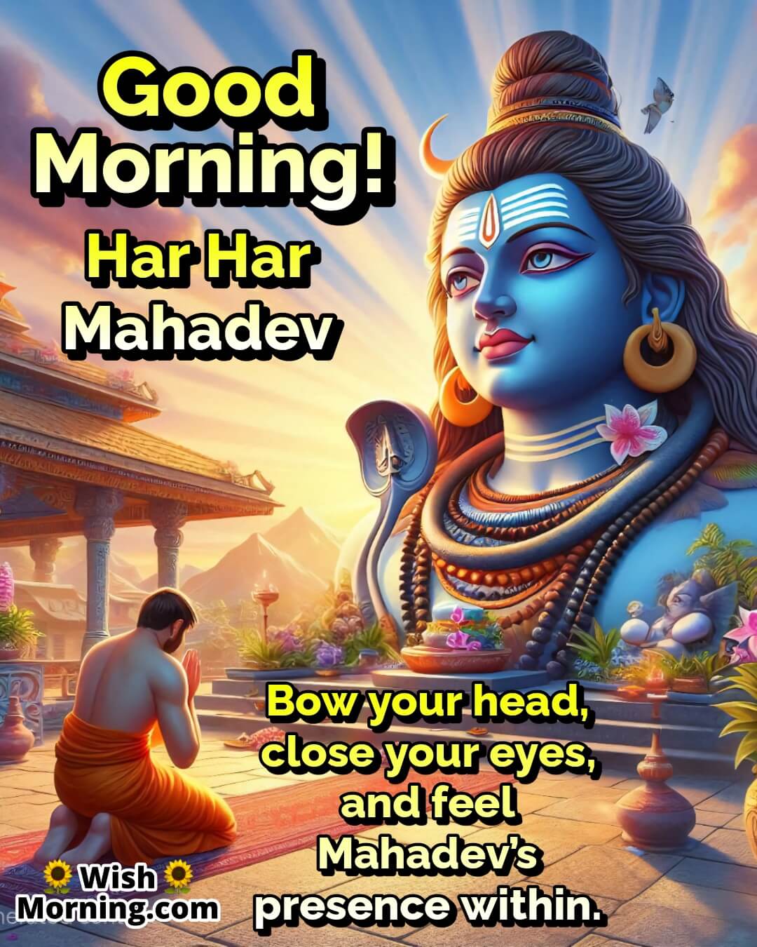 Good Morning Shiva image with temple prayer scene, symbolizing inner presence and devotion.