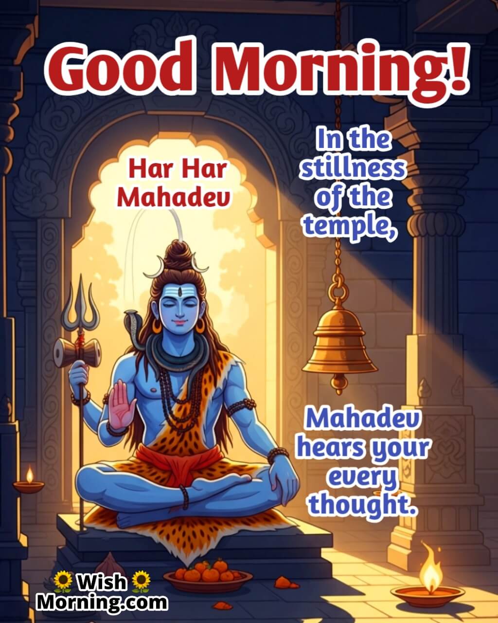 Good Morning Shiva Peaceful Message featuring Shiva seated in a silent temple with morning light, symbolizing devotion and inner stillness