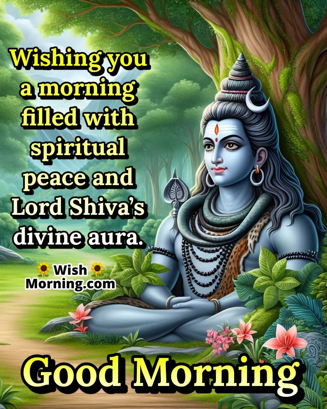Good Morning Shiva image with serene forest and divine idol, symbolizing spiritual peace and aura.