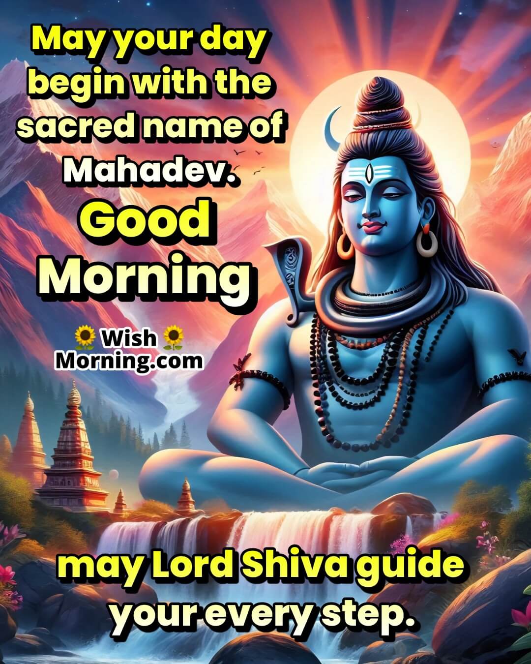 Good Morning Shiva image with divine idol at Himalayan waterfall, symbolizing sacred guidance.