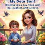 Good Morning Son image featuring smiling boy and mother on a balcony at sunrise, symbolizing joy and love.