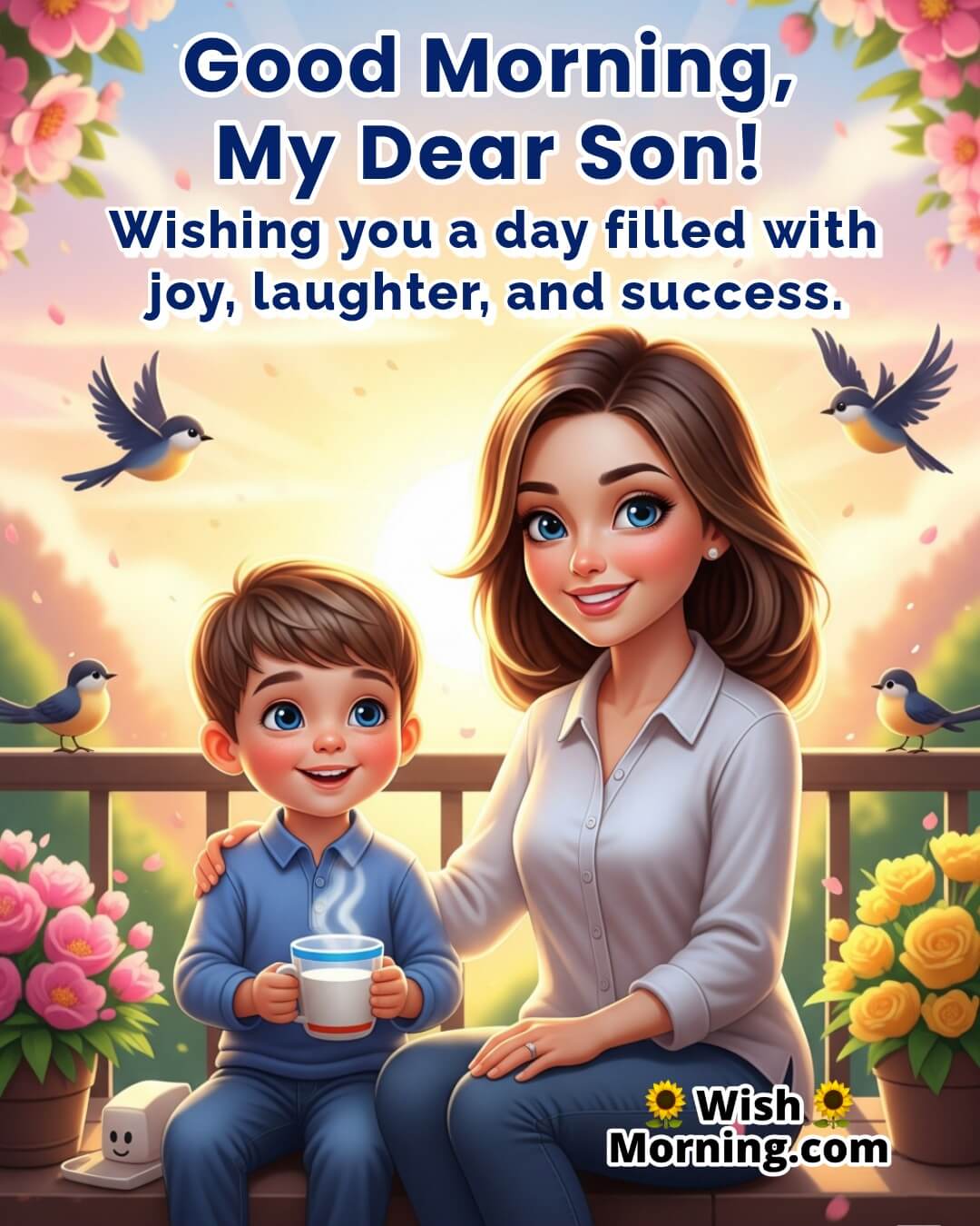 Good Morning Son image featuring smiling boy and mother on a balcony at sunrise, symbolizing joy and love.
