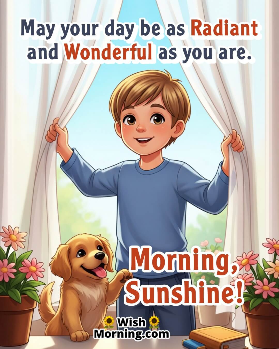 Good Morning Son image featuring boy at window with sunlight and pet, symbolizing peace and warmth.