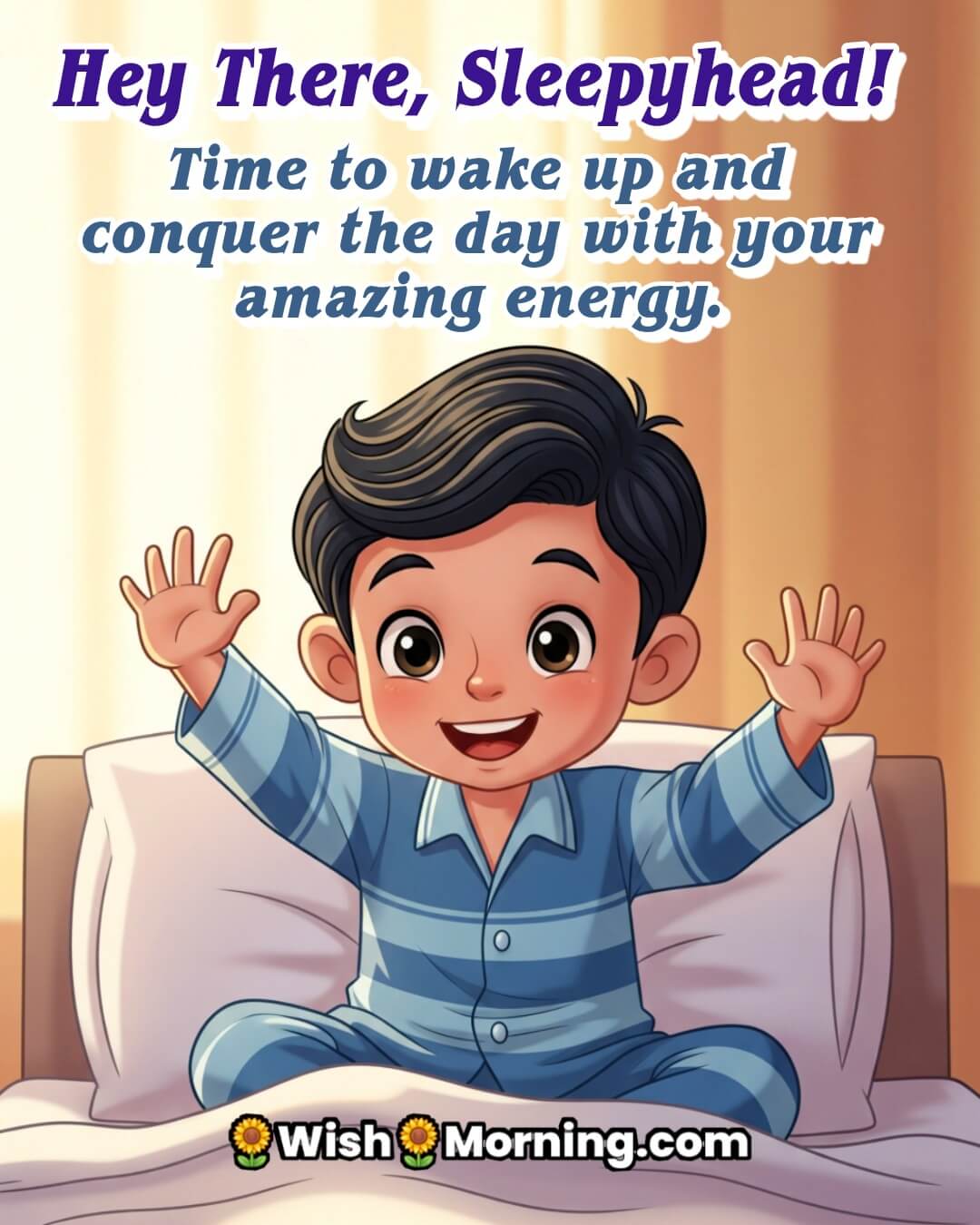 Good Morning Son image featuring energetic boy waking up in bed, symbolizing excitement and joy.