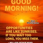 Good Morning quote image with a golden sunrise over the ocean, symbolizing fleeting opportunities and timely action.
