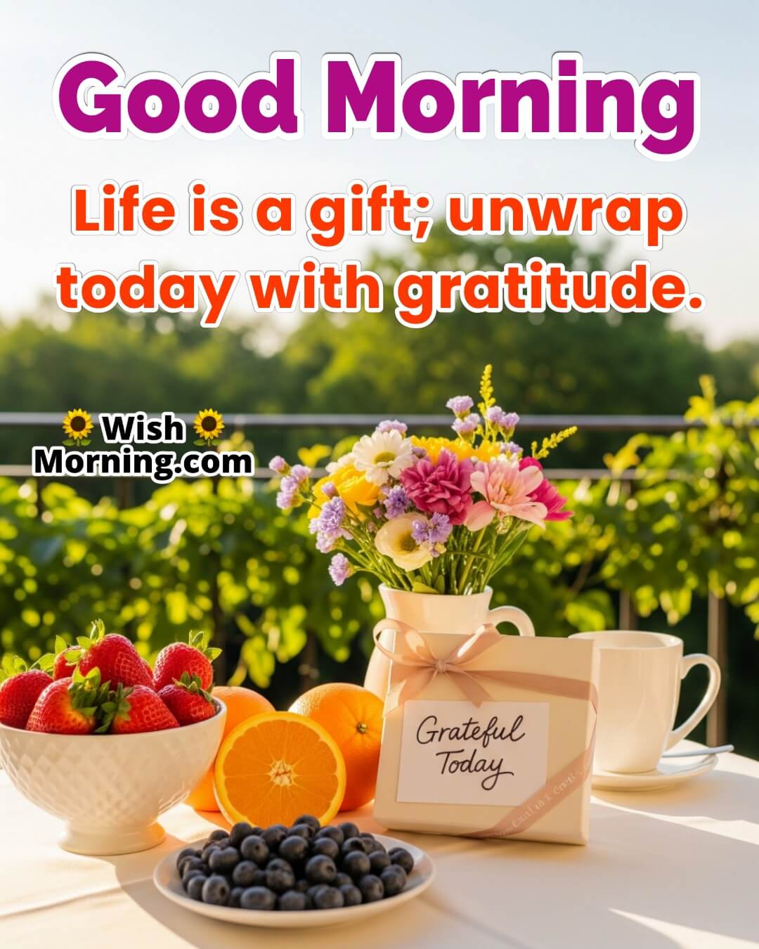 Good Morning image with gift and breakfast table symbolizing gratitude and life as a blessing.