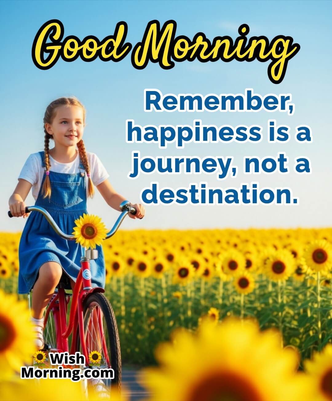 Good Morning bicycle ride scene through sunflower fields symbolizing joy and the journey of life.