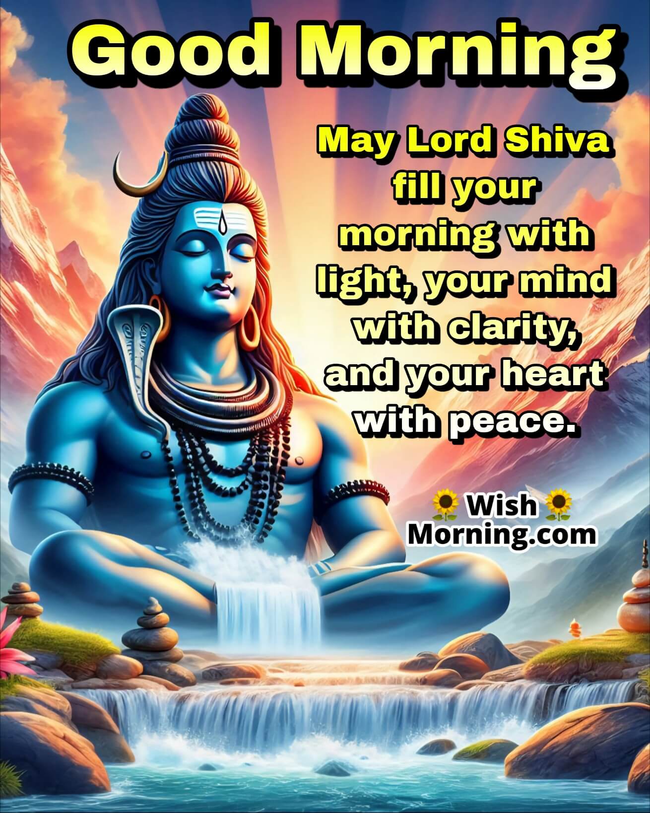 Good Morning Shiva image with golden sunrise and divine aura, symbolizing clarity and peace.