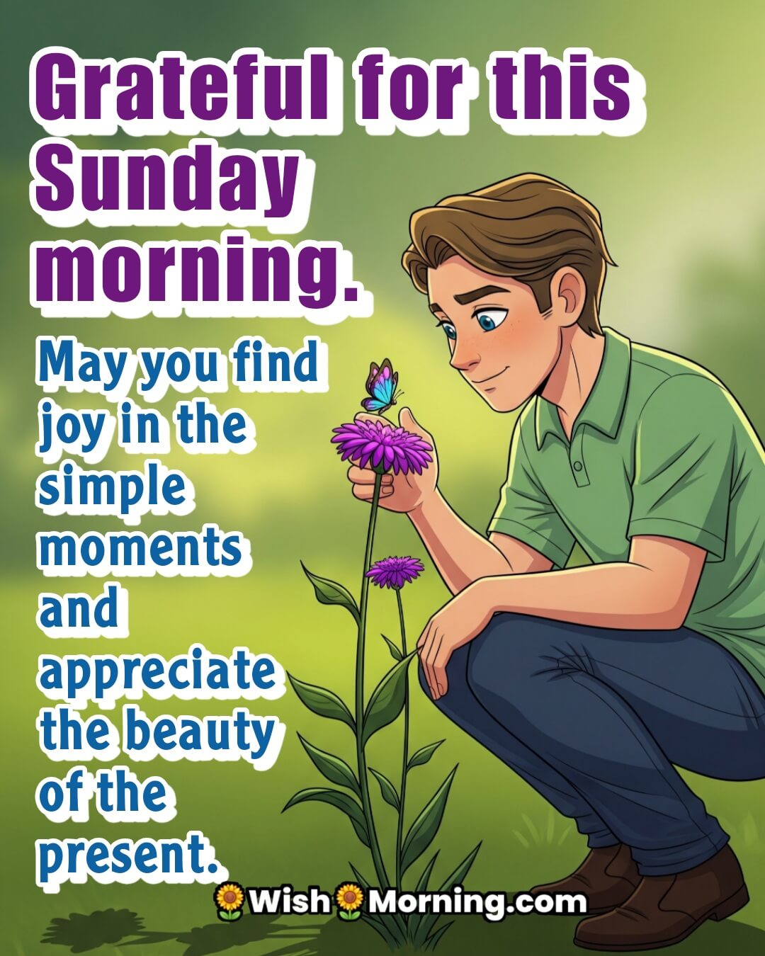 Grateful Sunday Morning Message featuring a person holding a flower in a park, symbolizing appreciation and mindfulness for the present moment.