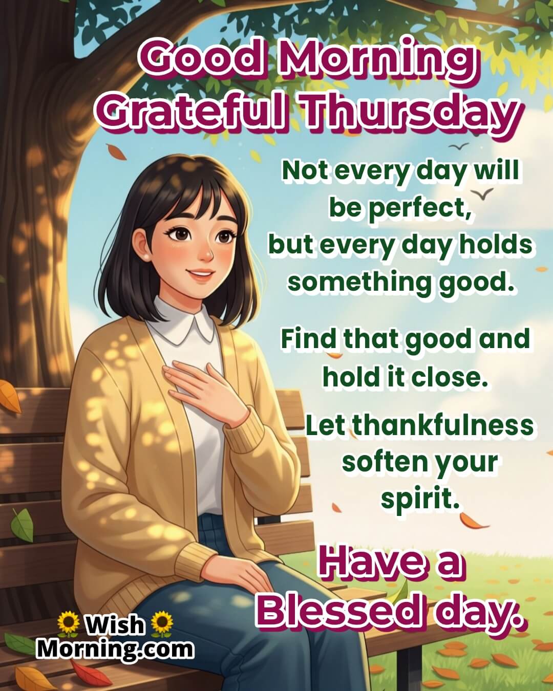 Grateful Thursday morning with a woman on a park bench under sunlight, symbolizing thankfulness and simple joy.