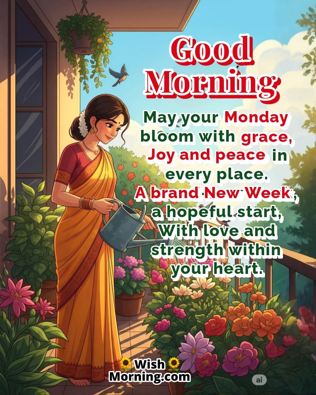 Happy Monday Blessing image featuring a woman watering balcony plants with blooming flowers, symbolizing care, renewal, and peaceful beginnings.