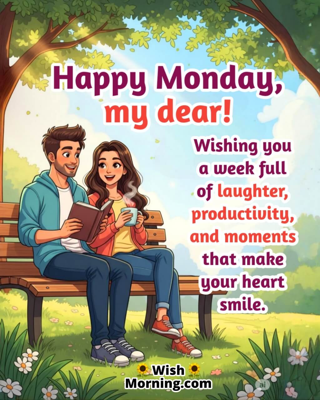Happy Monday Greeting for Friends and Family image featuring two friends sharing laughter on a park bench under soft sunlight symbolizing warmth, joy, and connection
