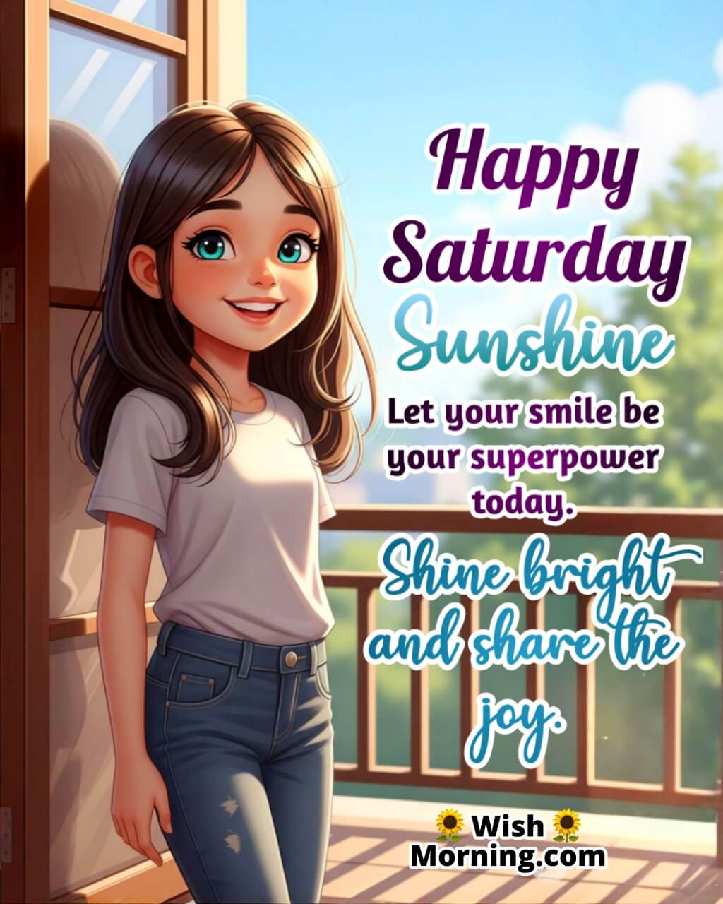 Happy Saturday Motivational Quote image featuring a joyful young woman near a window with morning light and open plants, symbolizing weekend joy and confidence.