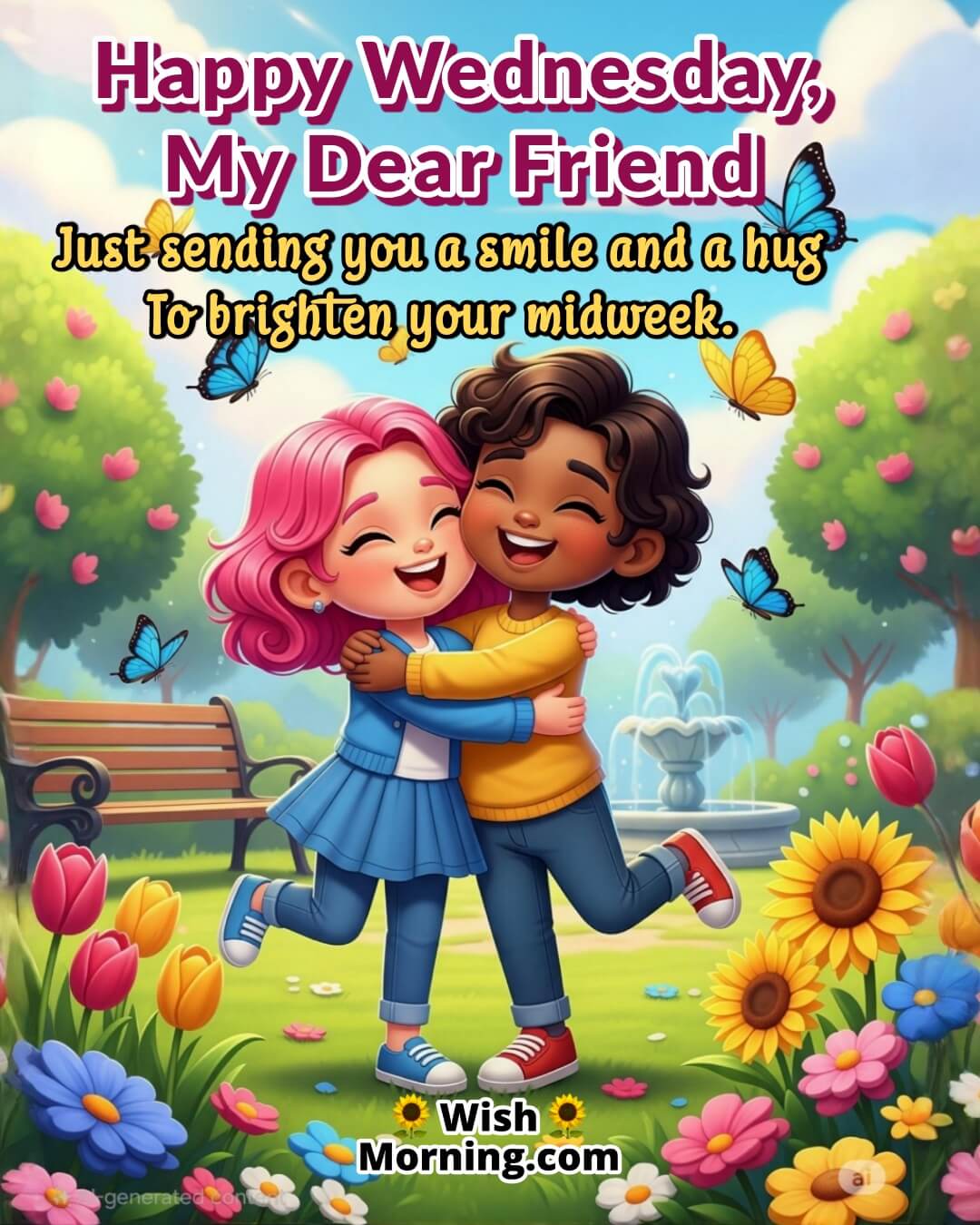 Heartfelt Happy Wednesday Wish Image For Friends featuring two friends hugging joyfully in blooming park, capturing warmth, friendship, and cheerful midweek vibes.