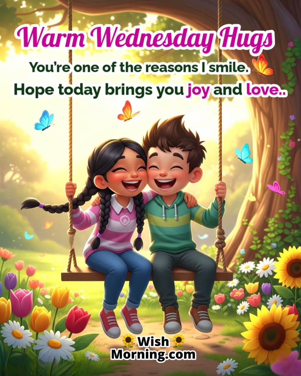 Wednesday hug wish for friend featuring joyful friends on swing in park, symbolizing love, comfort, and shared midweek joy.