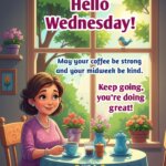 Hello Wednesday coffee wish featuring peaceful woman enjoying coffee by sunny window, symbolizing calm energy and gentle midweek start.