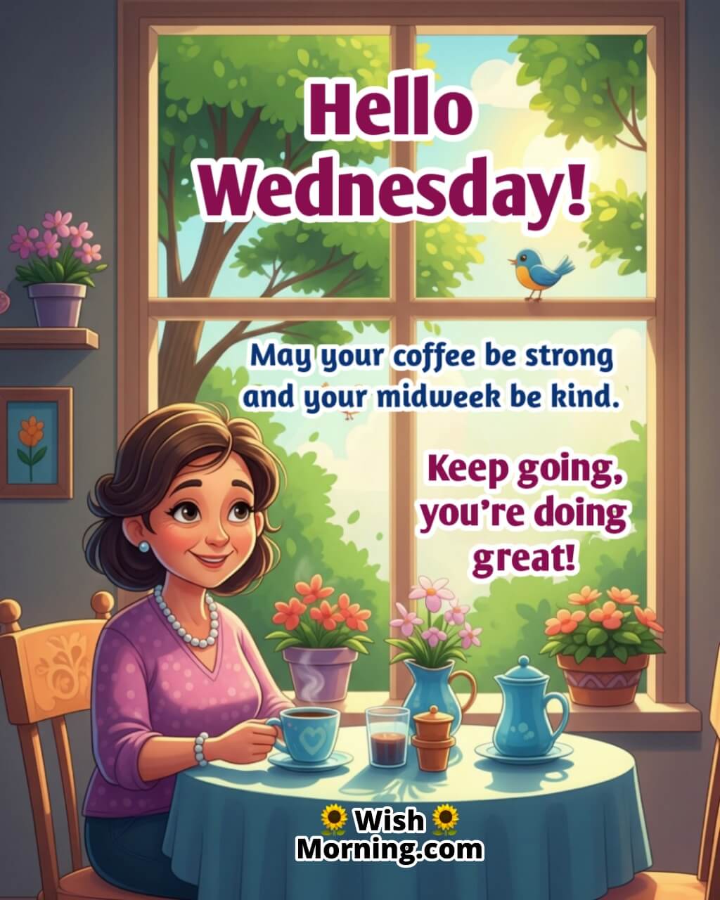 Hello Wednesday coffee wish featuring peaceful woman enjoying coffee by sunny window, symbolizing calm energy and gentle midweek start.