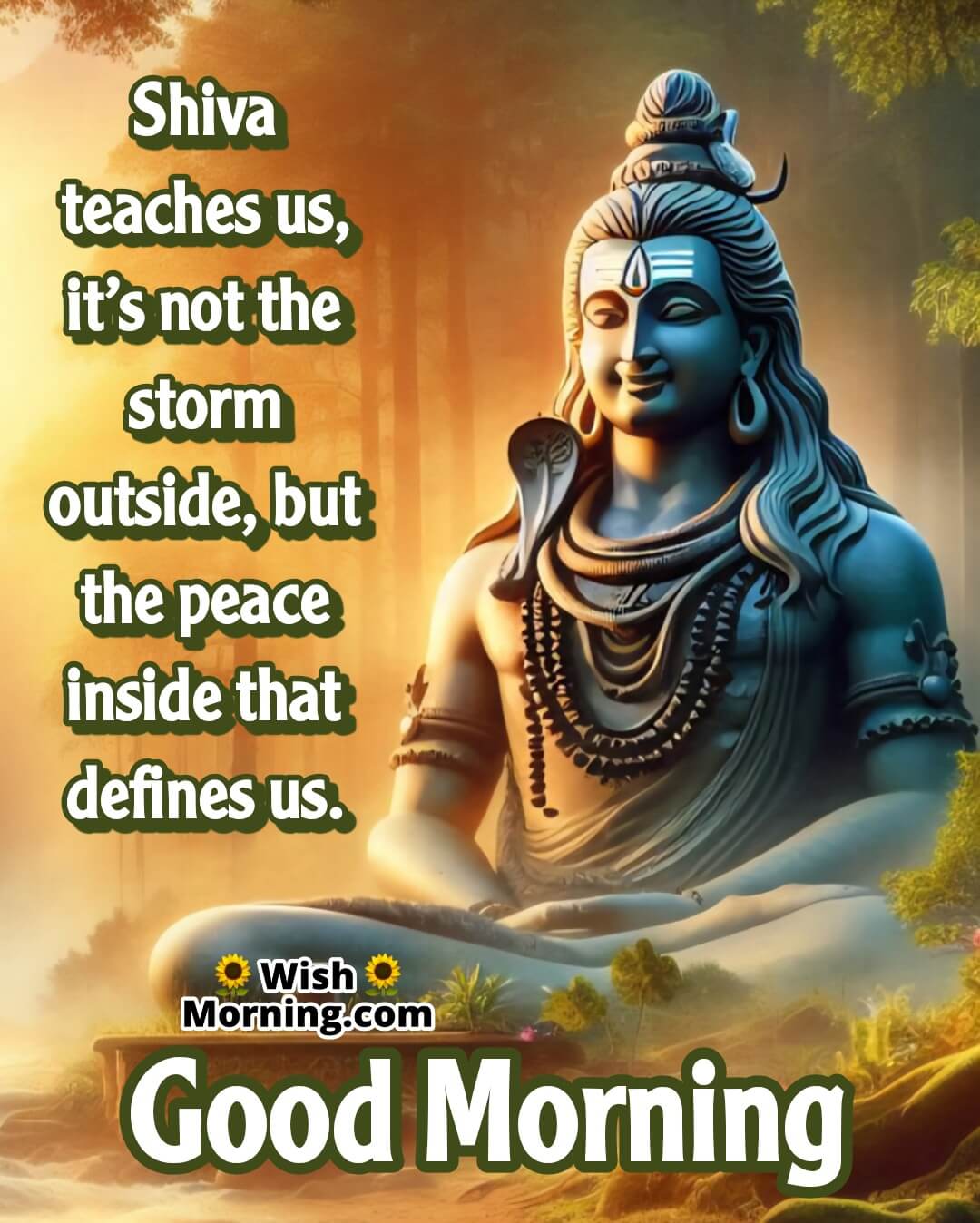 Good Morning image of Lord Shiva seated by a river at sunrise, surrounded by peaceful forest mist, symbolizing inner calm and inspiration.