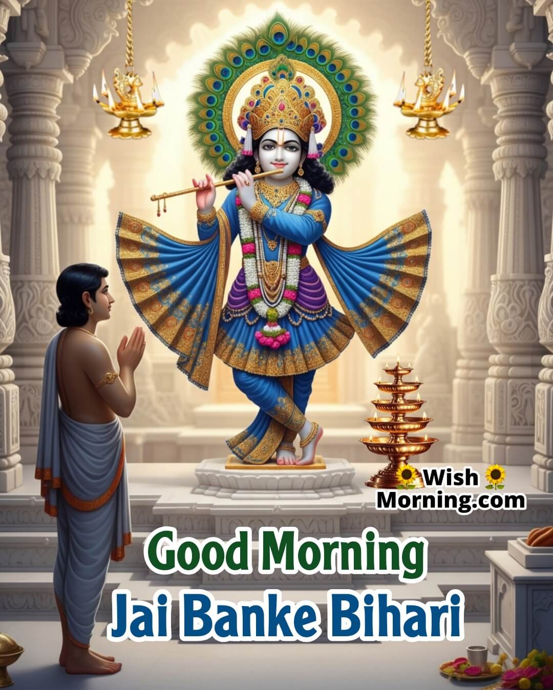 Jai Banke Bihari Darshan Good Morning Bhakti image showing Krishna playing flute as devotees chant around him, symbolizing group bhakti in Vrindavan mood.