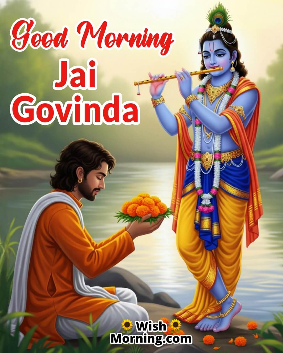 Jai Govinda Bhakti Good Morning image of a devotee offering flowers to Krishna at sunrise, symbolizing humble devotion and surrender to Govind Dev.