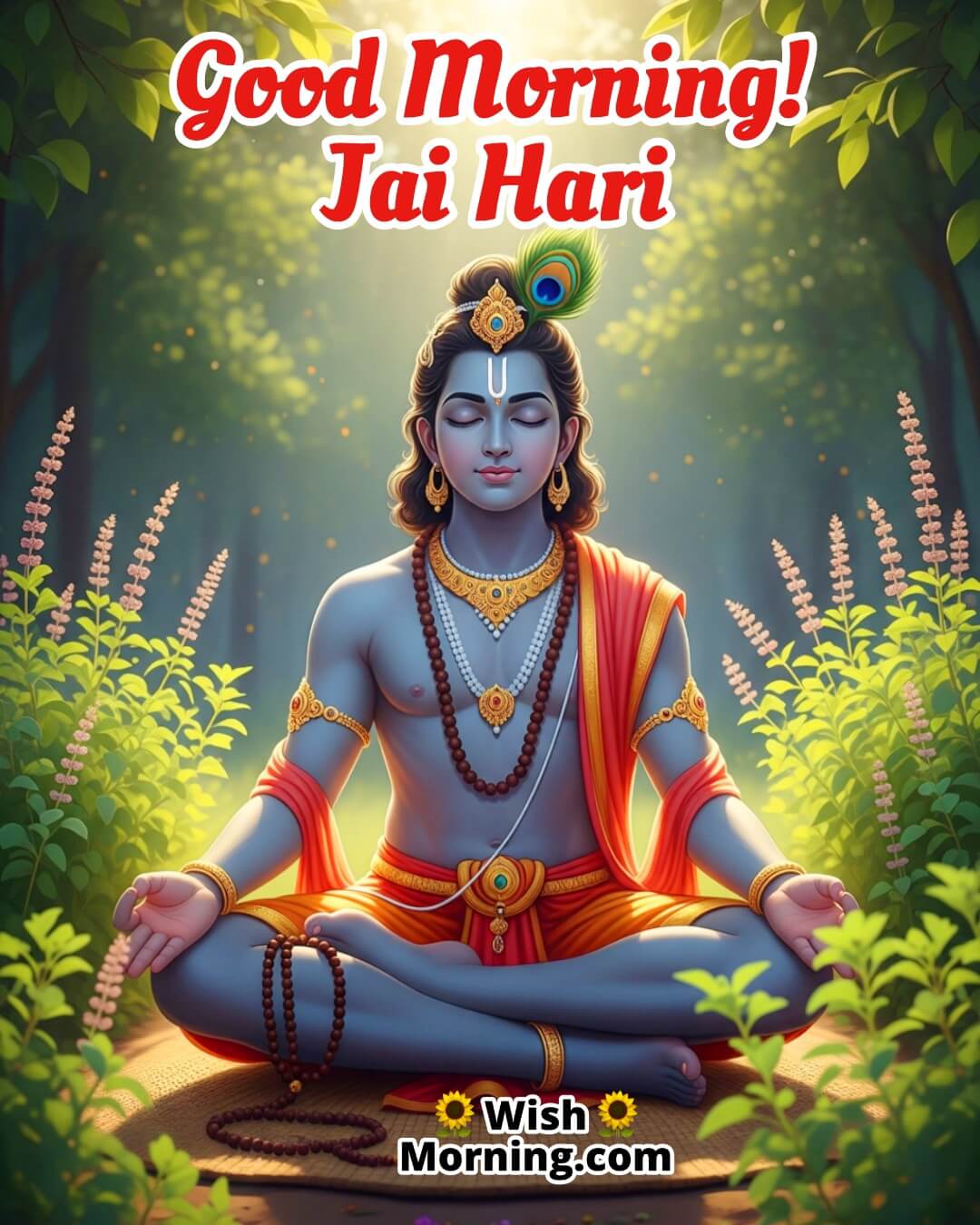 Good Morning Krishna Bhakti image featuring meditative Krishna with tulsi and japa mala, symbolizing inner devotion and peaceful spiritual start