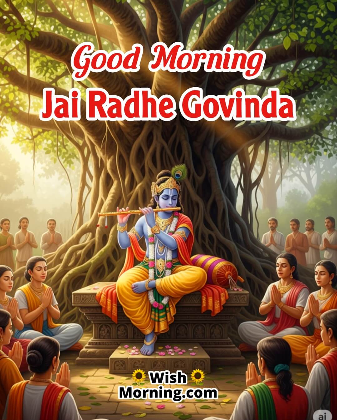 Jai Radhe Govinda Good Morning Bhakti image of Krishna darshan with devotee offering prayers, symbolizing loving