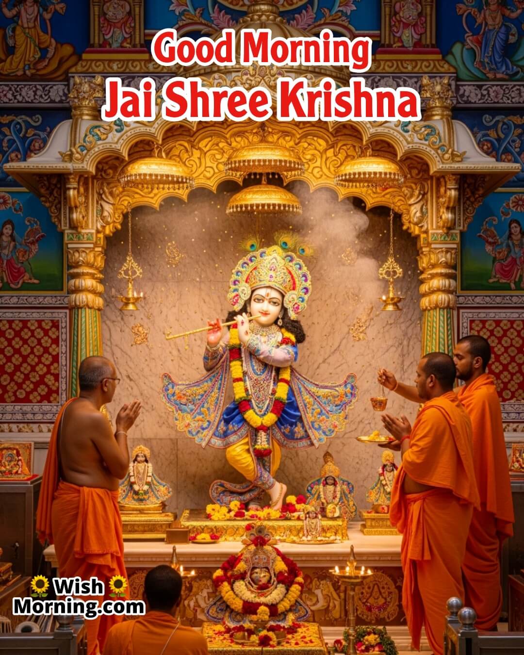 Jai Shree Krishna Aarti Darshan Good Morning image featuring Krishna’s aarti in temple, symbolizing divine blessings, peace, and traditional bhakti.