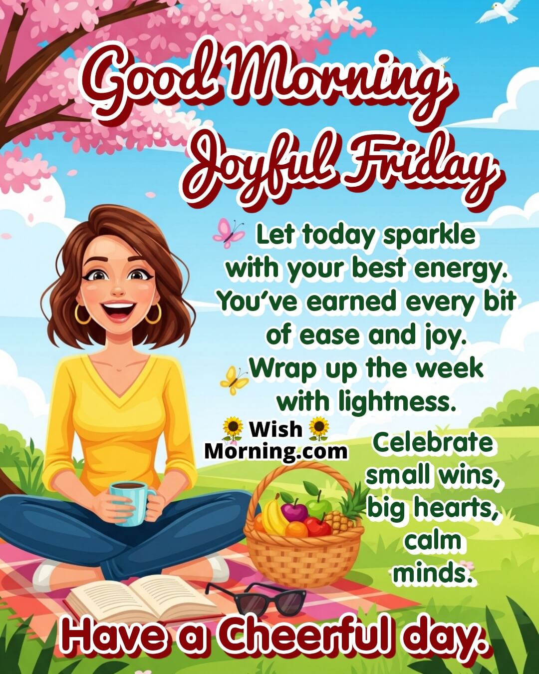 Joyful Friday quote featuring a cheerful girl relaxing in nature, symbolizing sparkling energy and well-earned joy.