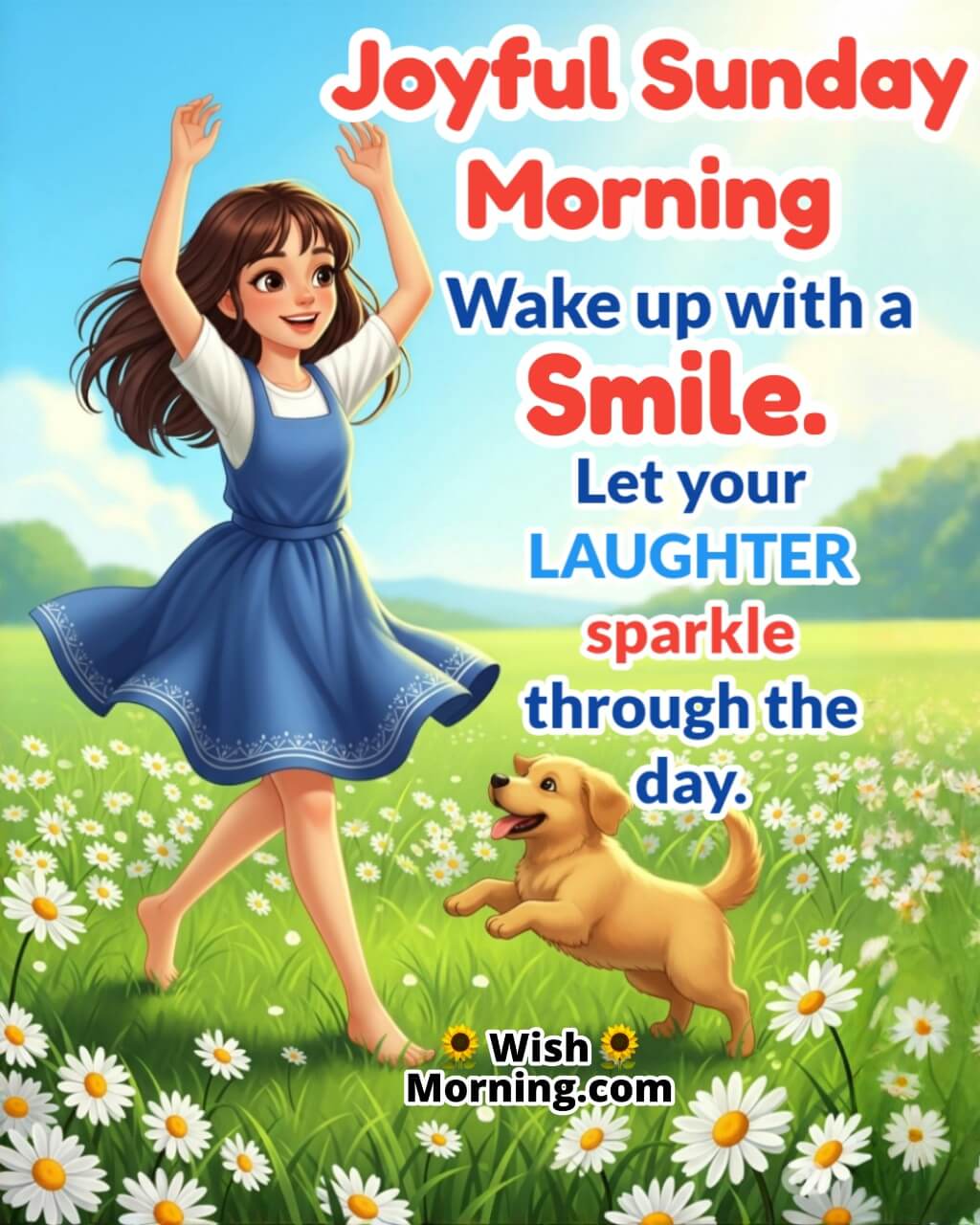 Joyful Sunday Morning Greeting featuring a joyful girl dancing in a daisy field with a puppy symbolizing happiness, youth, and cheerful morning energy.