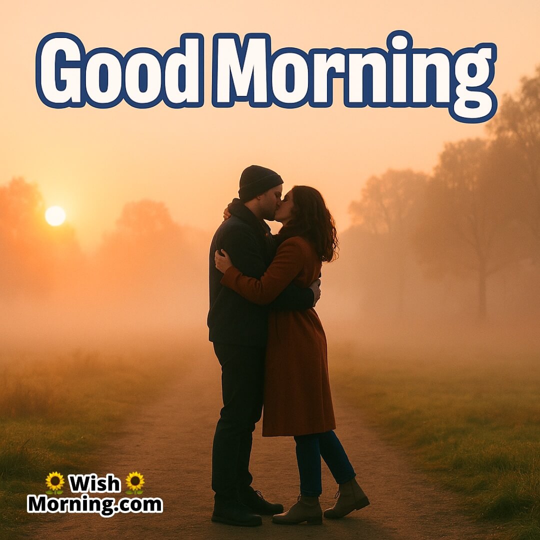 Kiss Good Morning Romantic Couple image in misty outdoor setting, symbolizing natural love and early affection.