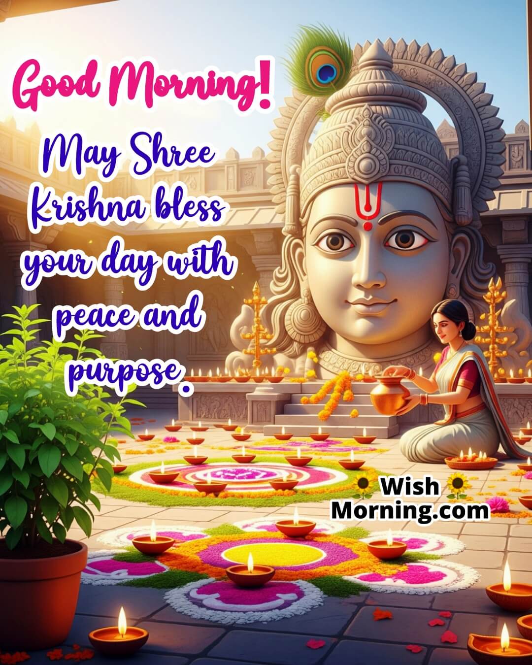 Krishna Blessing Good Morning Image featuring Krishna with glowing in diya light and radiating peaceful blessings.