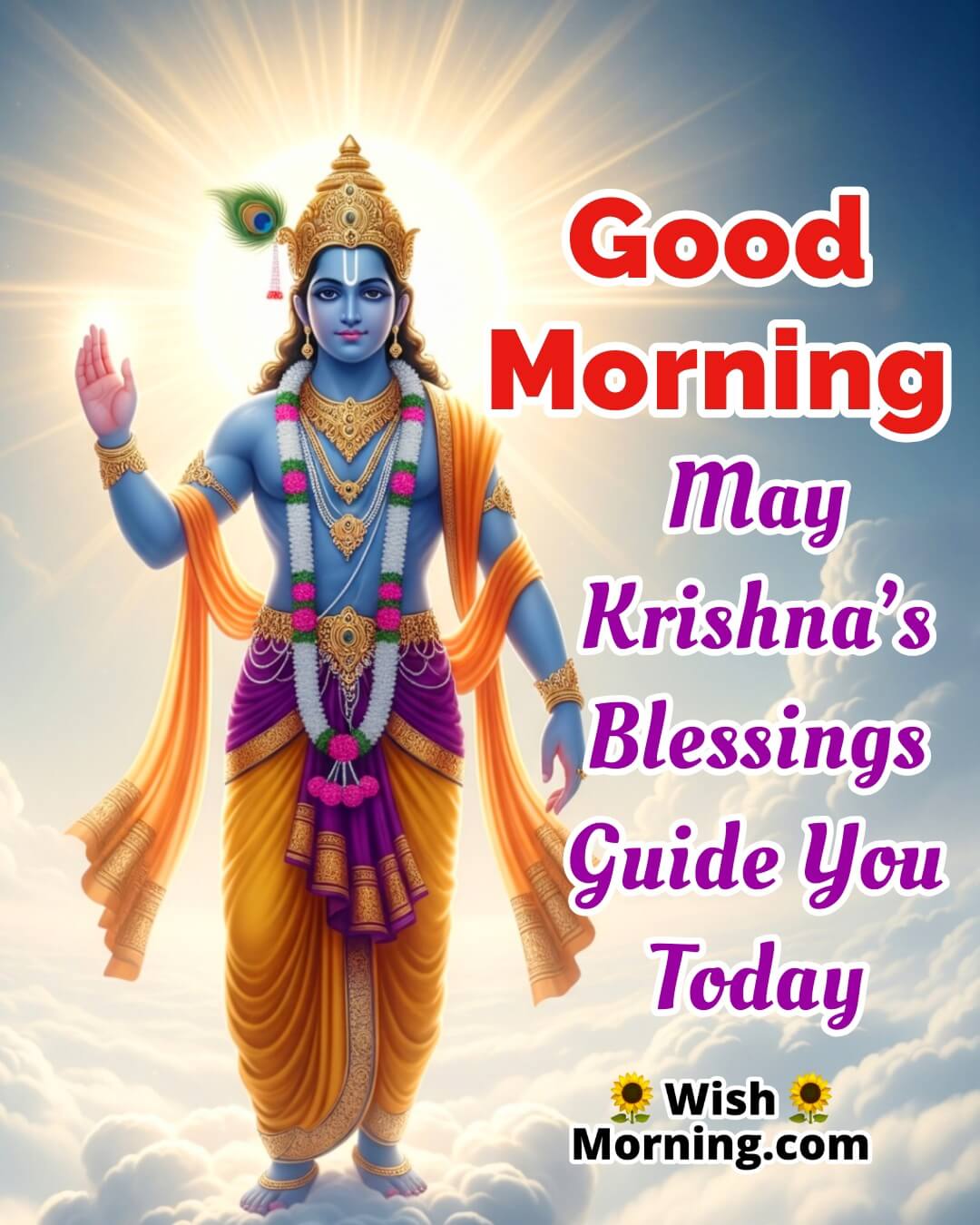 Good Morning Krishna Blessings image with celestial aura, symbolizing divine guidance and higher light.