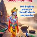 Krishna Good Morning image featuring front-facing Shree Krishna standing near a sunrise-lit riverbank, symbolizing divine presence and serenity.
