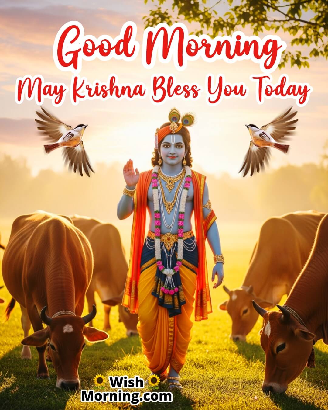 Good Morning Krishna Blessings image with cows and calm aura, symbolizing divine grace.