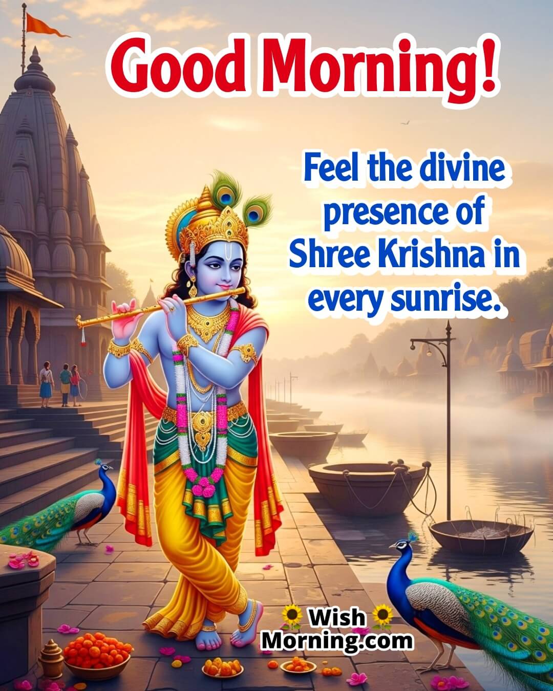 Krishna Good Morning image featuring front-facing Shree Krishna standing near a sunrise-lit riverbank, symbolizing divine presence and serenity.