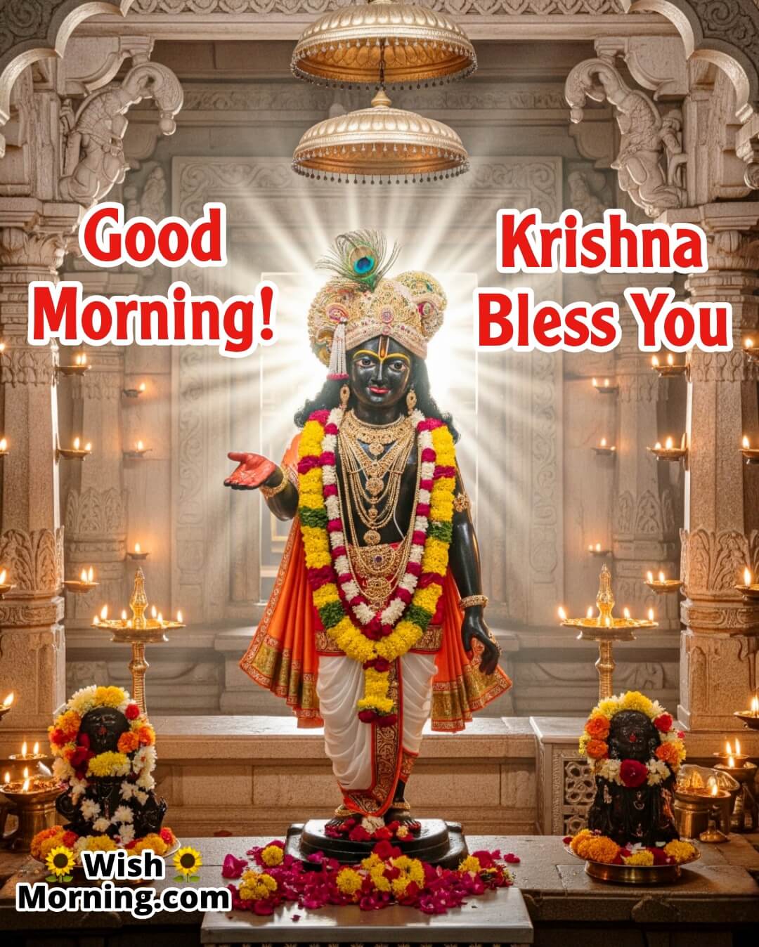 Good Morning Krishna Blessings image featuring temple darshan with divine hand raised in blessing.