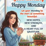 Marvelous Monday Positive Morning Wish image featuring a young woman on a balcony with coffee under a pastel sky symbolizing fresh hope and gratitude for the new week