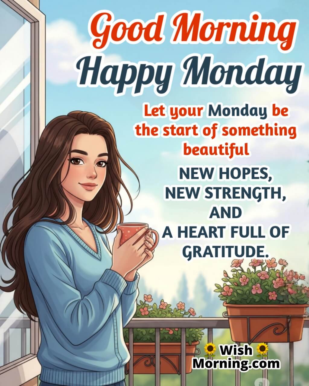 Marvelous Monday Positive Morning Wish image featuring a young woman on a balcony with coffee under a pastel sky symbolizing fresh hope and gratitude for the new week