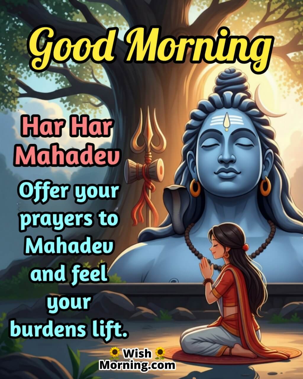 Morning Prayer to Shiva Good Morning Message featuring devotee praying before Shiva idol, symbolizing faith and spiritual surrender