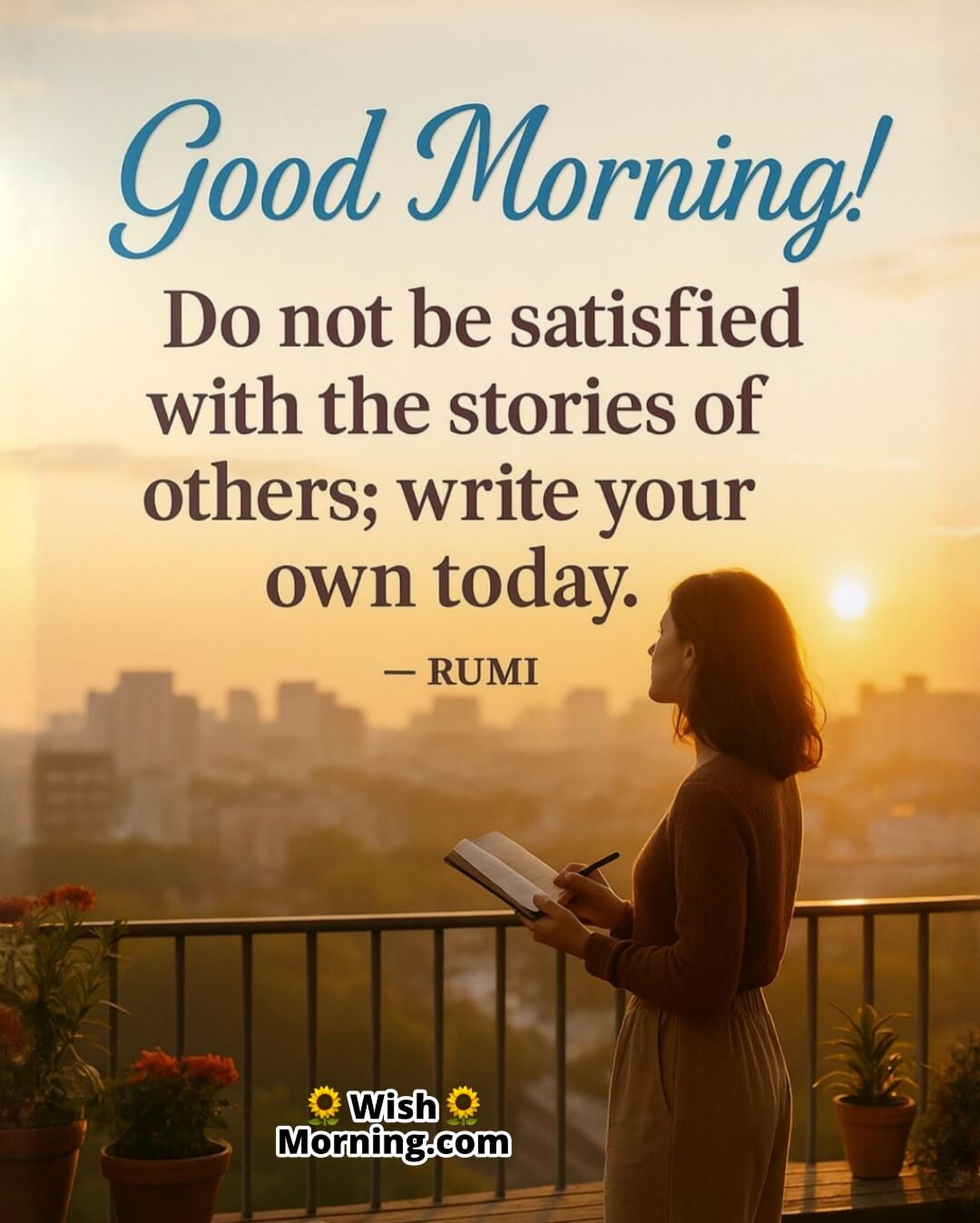 Good Morning Rumi Quote featuring a city rooftop at sunrise with a woman writing, symbolizing self-expression and starting your own story.