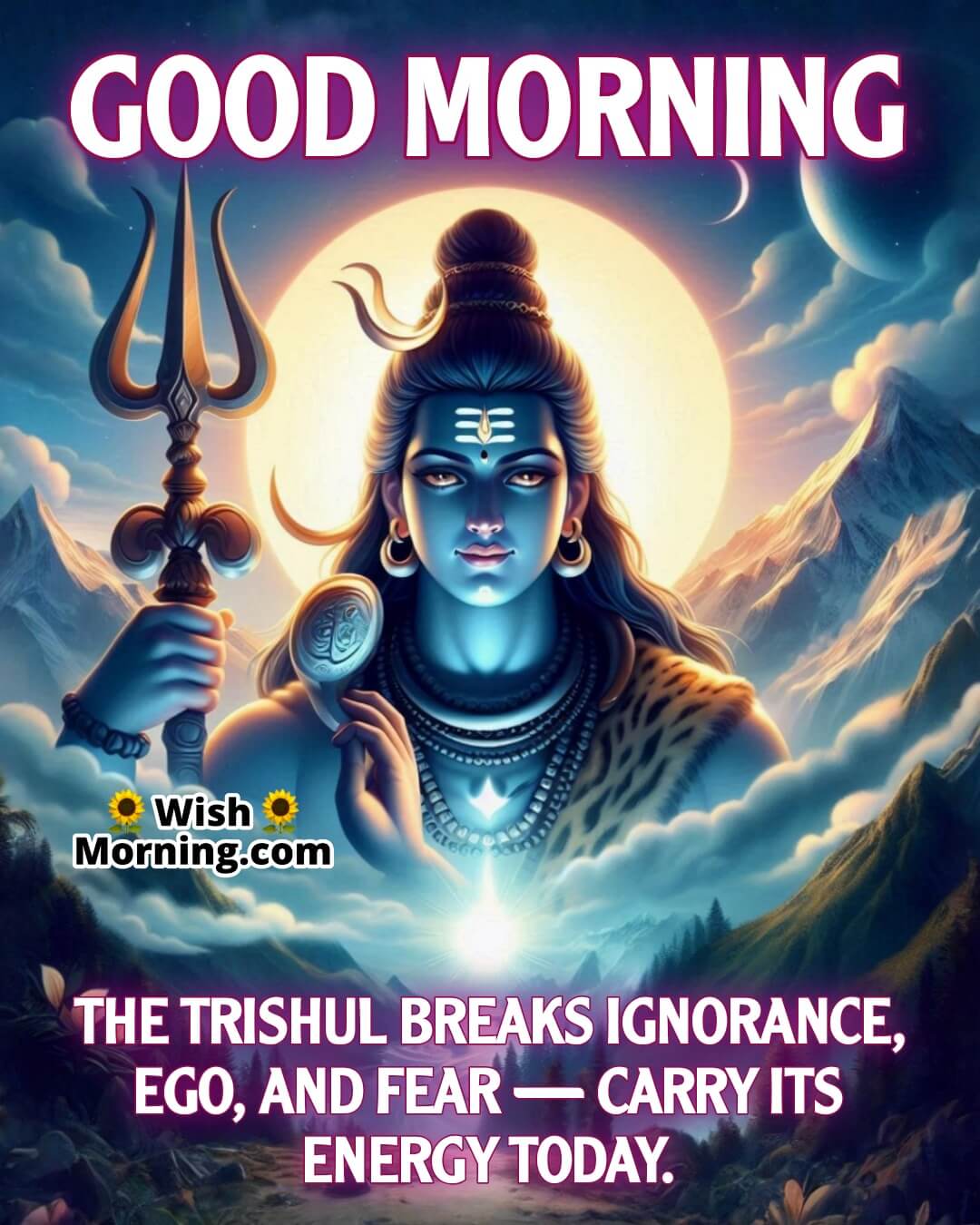 Lord Shiva image featuring holding glowing Trishul and Damru, symbolizing the energy to overcome ego and ignorance.