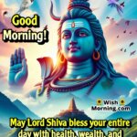 Good Morning Shiva image with hilltop temple and sunrise, symbolizing health, wealth, and divine blessings.