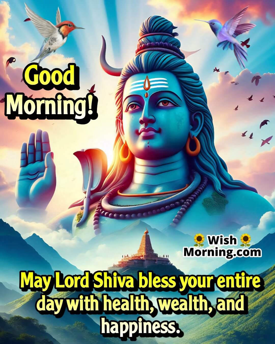 Good Morning Shiva image with hilltop temple and sunrise, symbolizing health, wealth, and divine blessings.