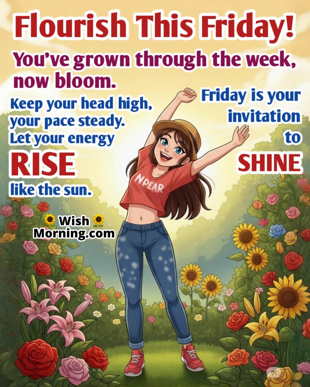Motivational Friday Morning Wish image featuring a joyful person stretching in a blooming garden, symbolizing growth, confidence, and positive energy.