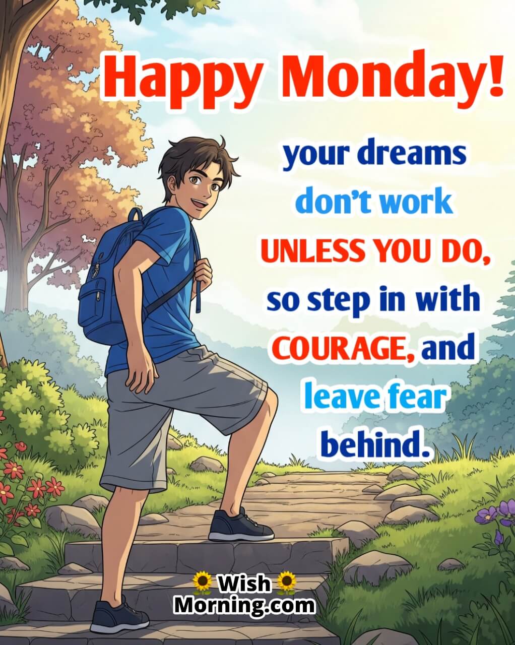 Motivational Happy Monday Quote for a Confident Start image featuring a young man climbing a sunlit hill trail symbolizing courage, energy, and purposeful action