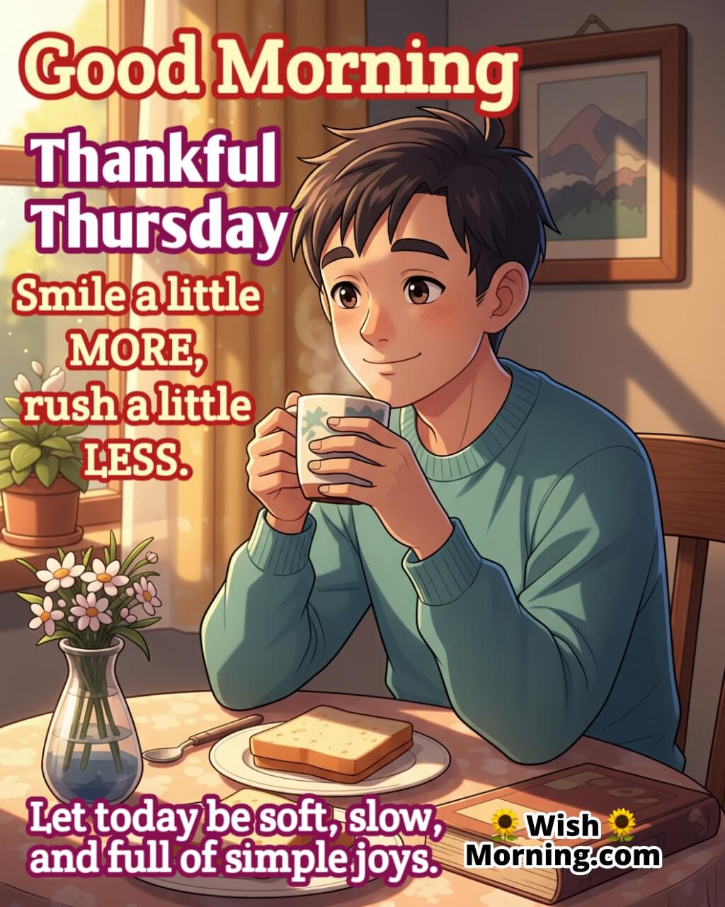 Motivational Thankful Thursday Quote image featuring a person enjoying a peaceful breakfast symbolizing mindfulness and calm living.