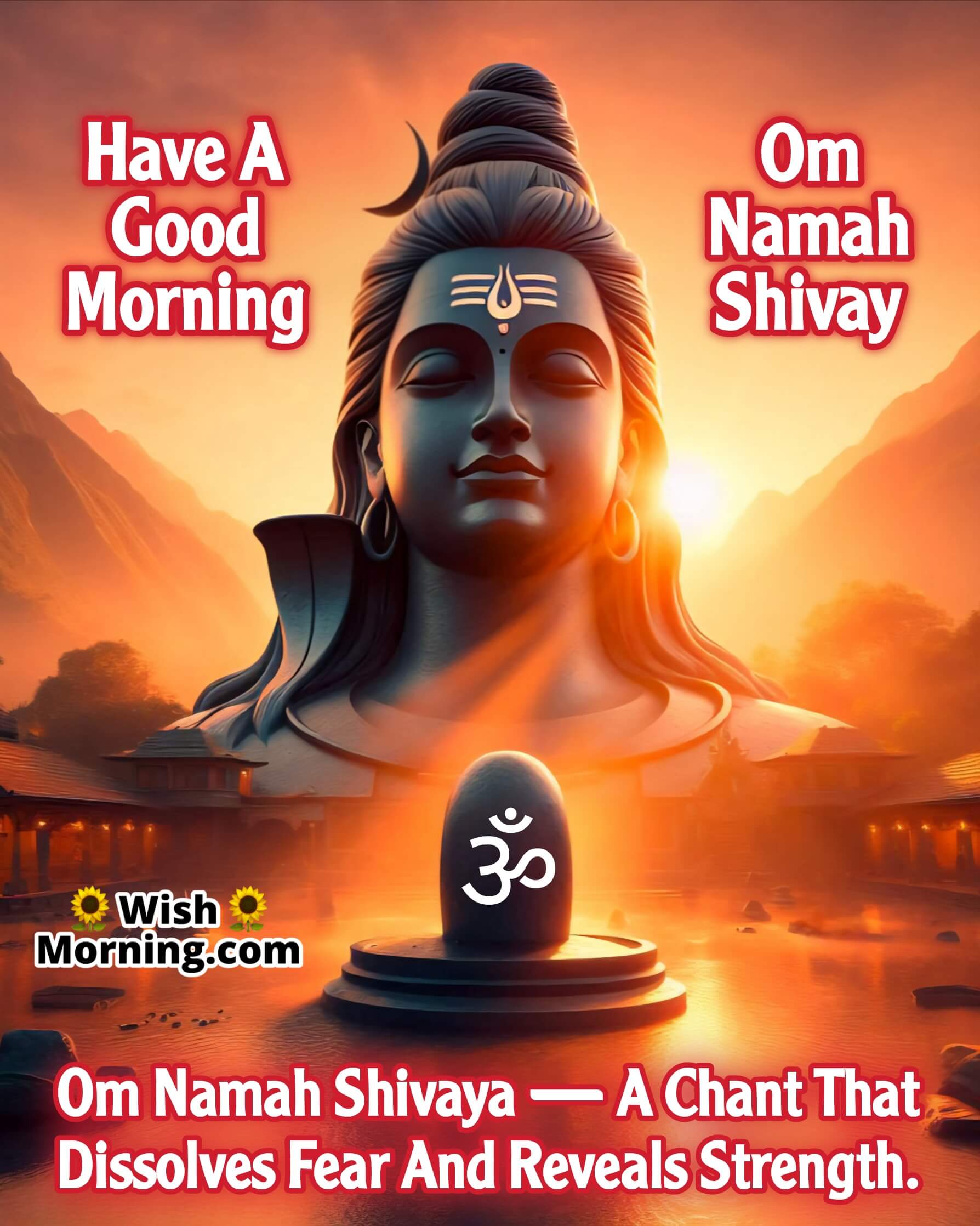 Good Morning Shiva image with murti behind Shivling and glowing Om symbol, representing strength and peace through chanting.