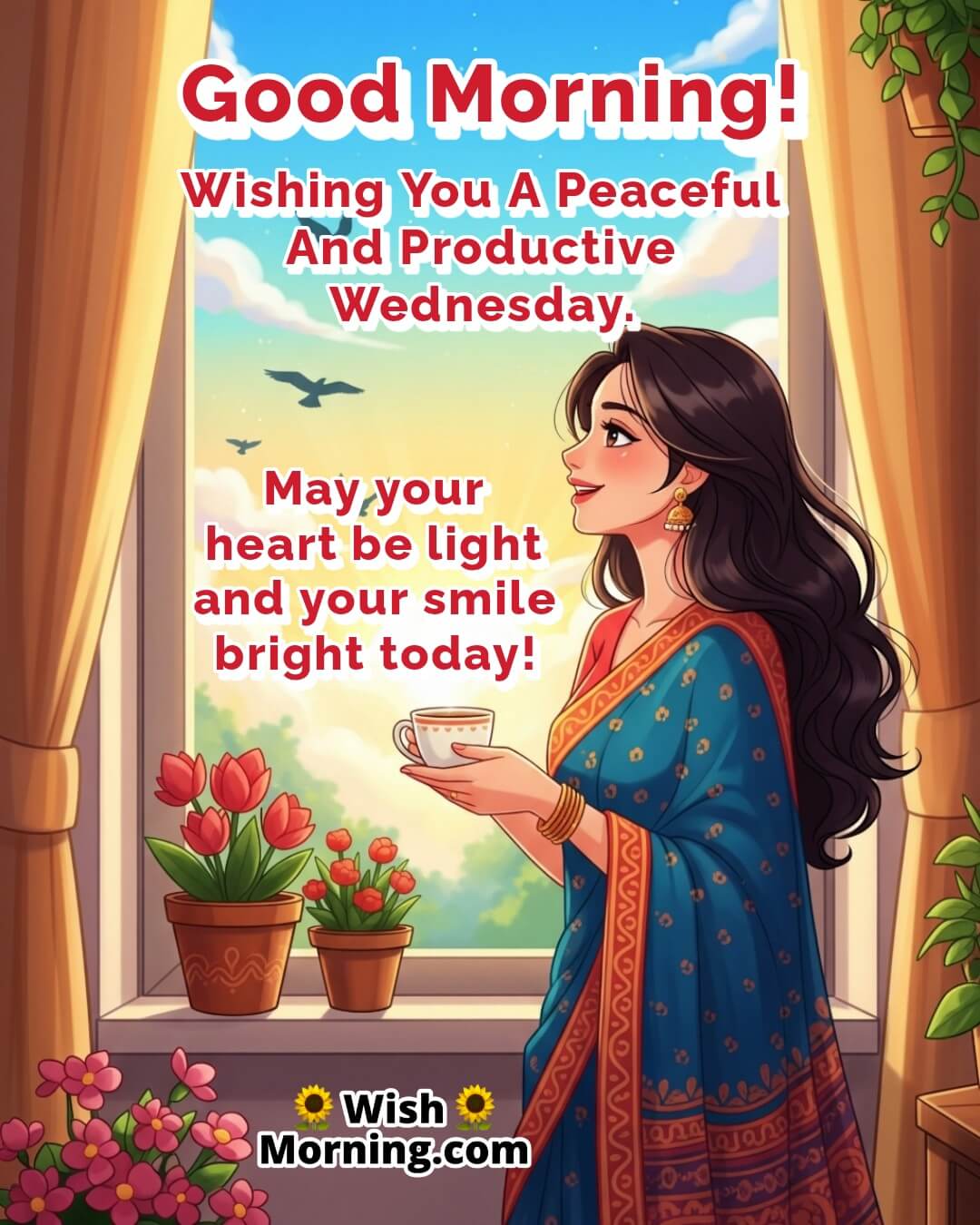 Peaceful Good Morning Wednesday Wish Pic featuring a cheerful Indian woman enjoying sunrise through her window, symbolising fresh energy, positivity, and peace.