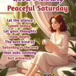 Peaceful Saturday Morning Quote image featuring a relaxed woman with tea near a window and soft curtains, symbolizing calm, slowness, and soulful presence.